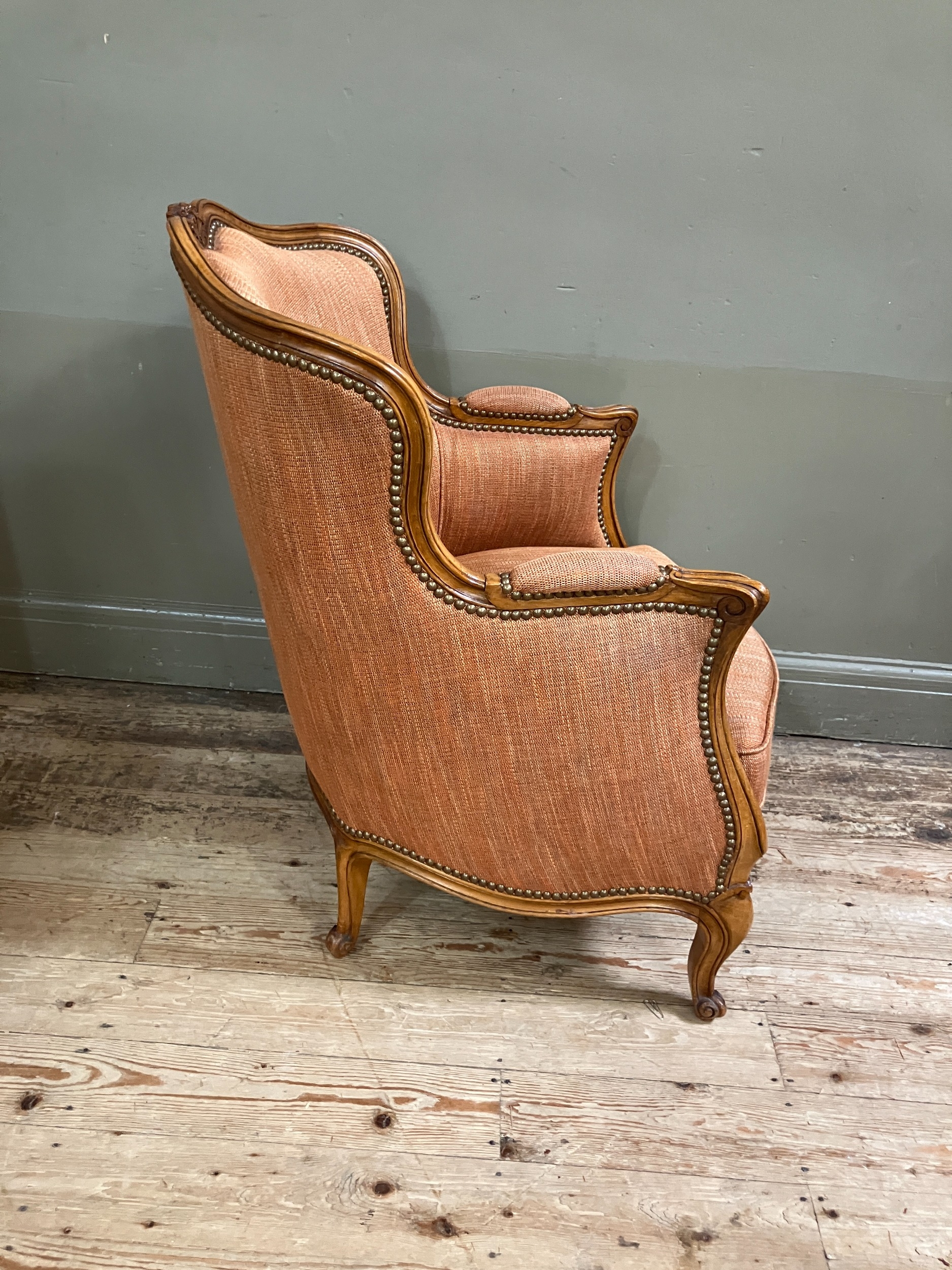 An early 19th century style fruitwood and bergere caned armchair having a square back, upholstered - Image 2 of 2