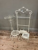 Two wire work tables, one square and one circular outline together with a wire work towel rail and a