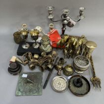 A collection of brass ware including letterbox, sun dial, weights, toasting forks etc
