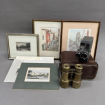 A pair of 19th century brass cased binoculars together with a Lumicon 8 III cine camera in carry