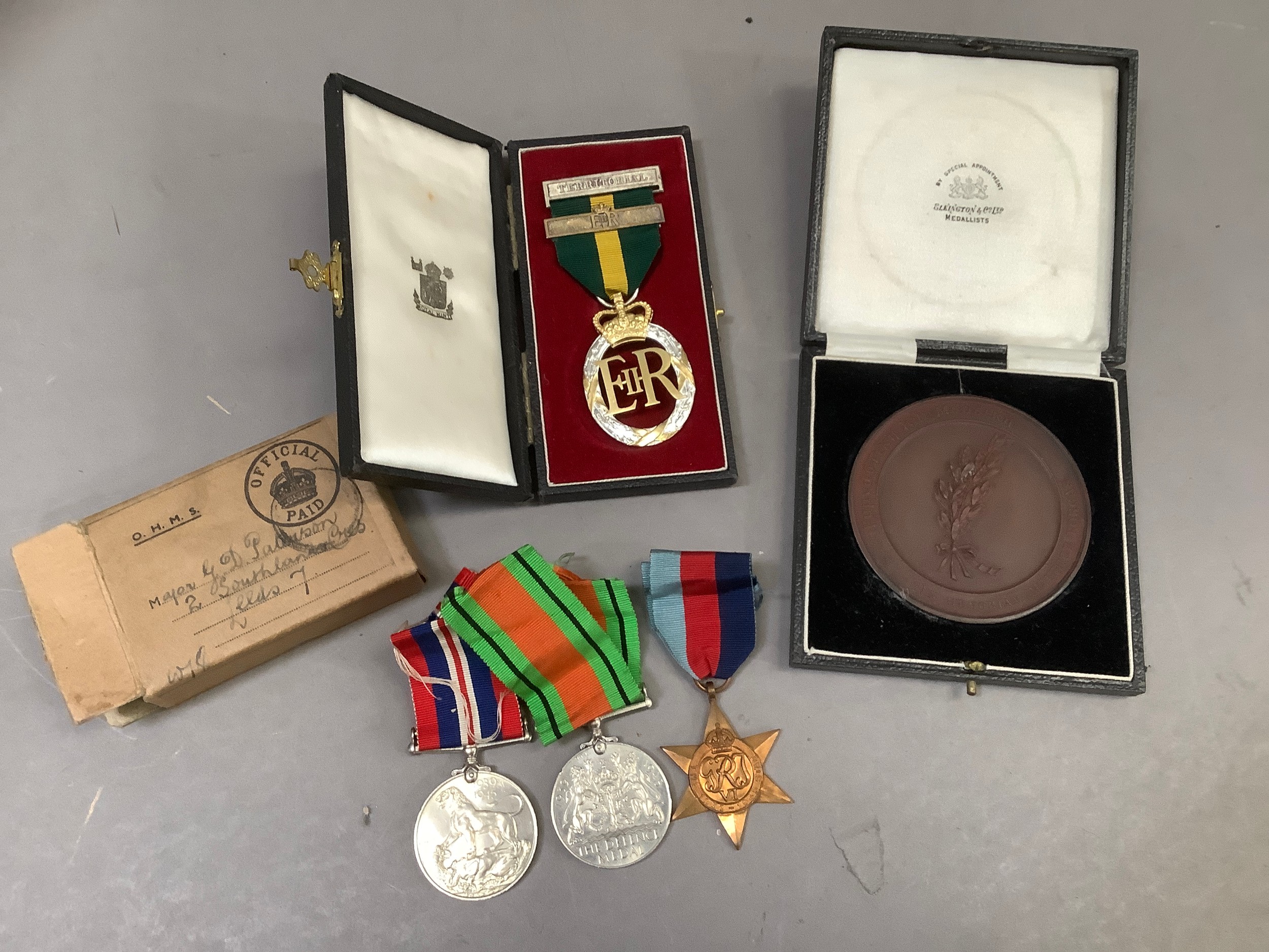 A Queen Elizabeth II Territorial medal 1952 in original box for Major G D Paterson together with