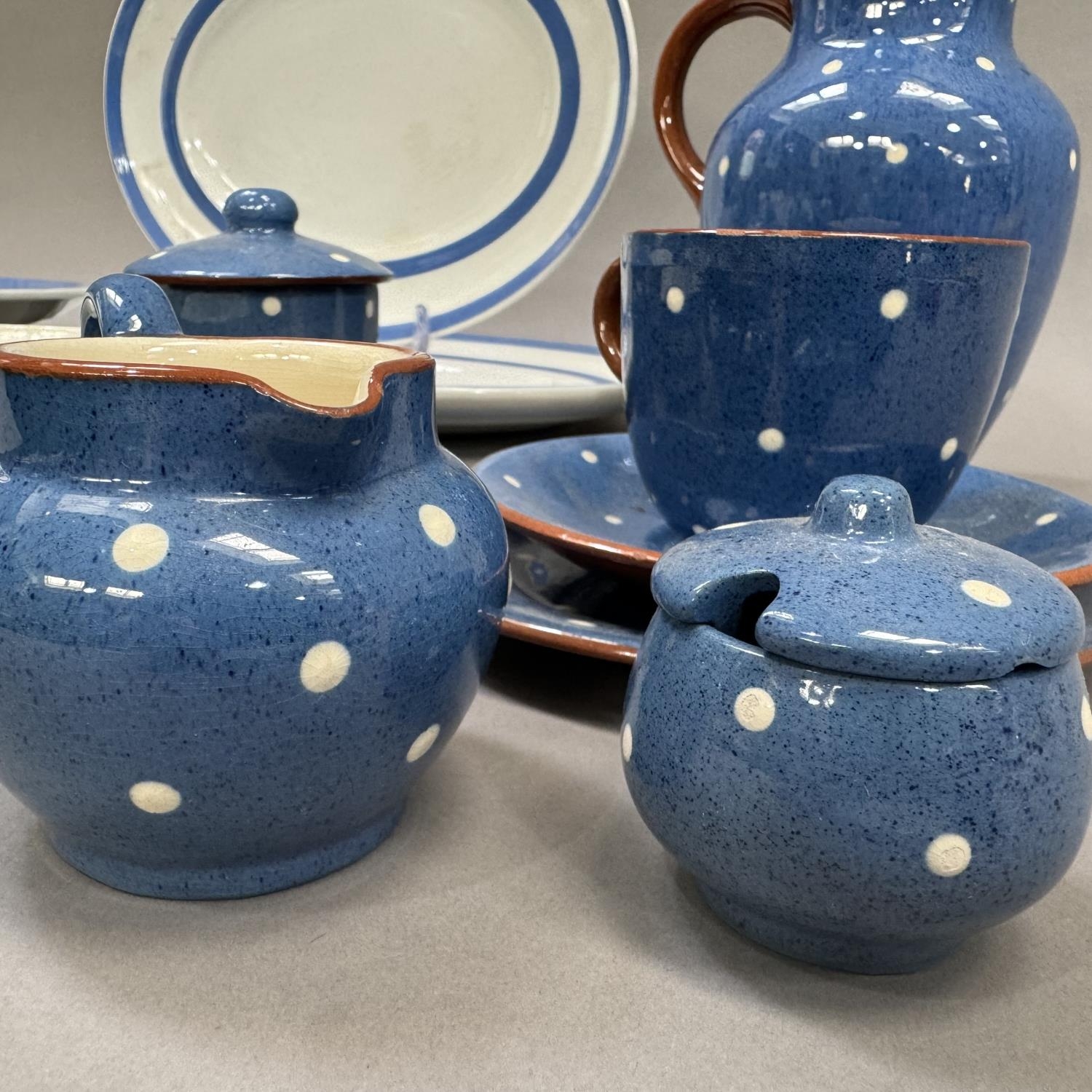 A Dartmouth Pottery cup and saucer, tea plate, lidded preserve pot, cream jug, mustard pot and large - Image 2 of 3