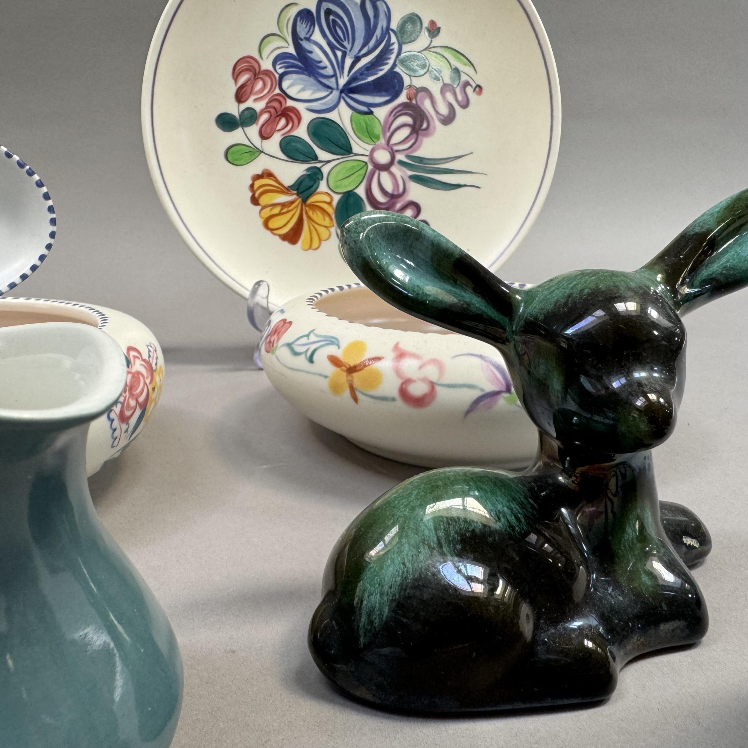 A collection of Poole pottery including three posy bowls, preserve pot, cruet, cream jug and deer - Image 3 of 3