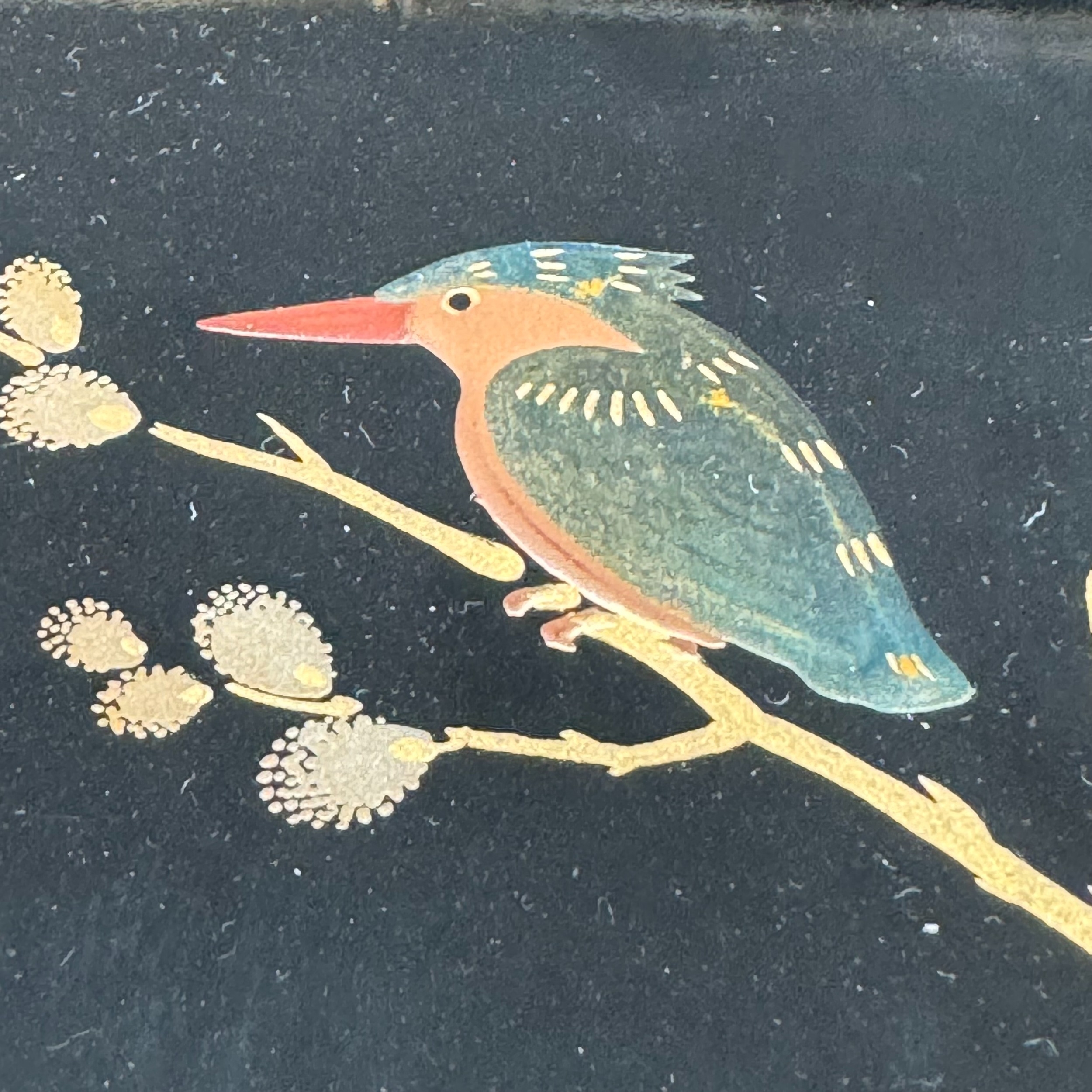 A Japanese black lacquered box, the cover decorated in green and gilt enamel with woodpeckers, 28. - Image 3 of 3