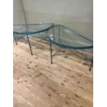 A pair of conservatory green metal demi-lune conservatory tables with glass inset service and on