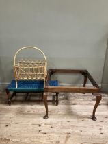 A bamboo magazine rack, an oak stool with blue and green nylon seat and a large mahogany stool frame