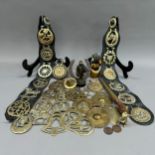 A quantity of Victorian and later horse brasses together with a jewellery ring size gauge and a