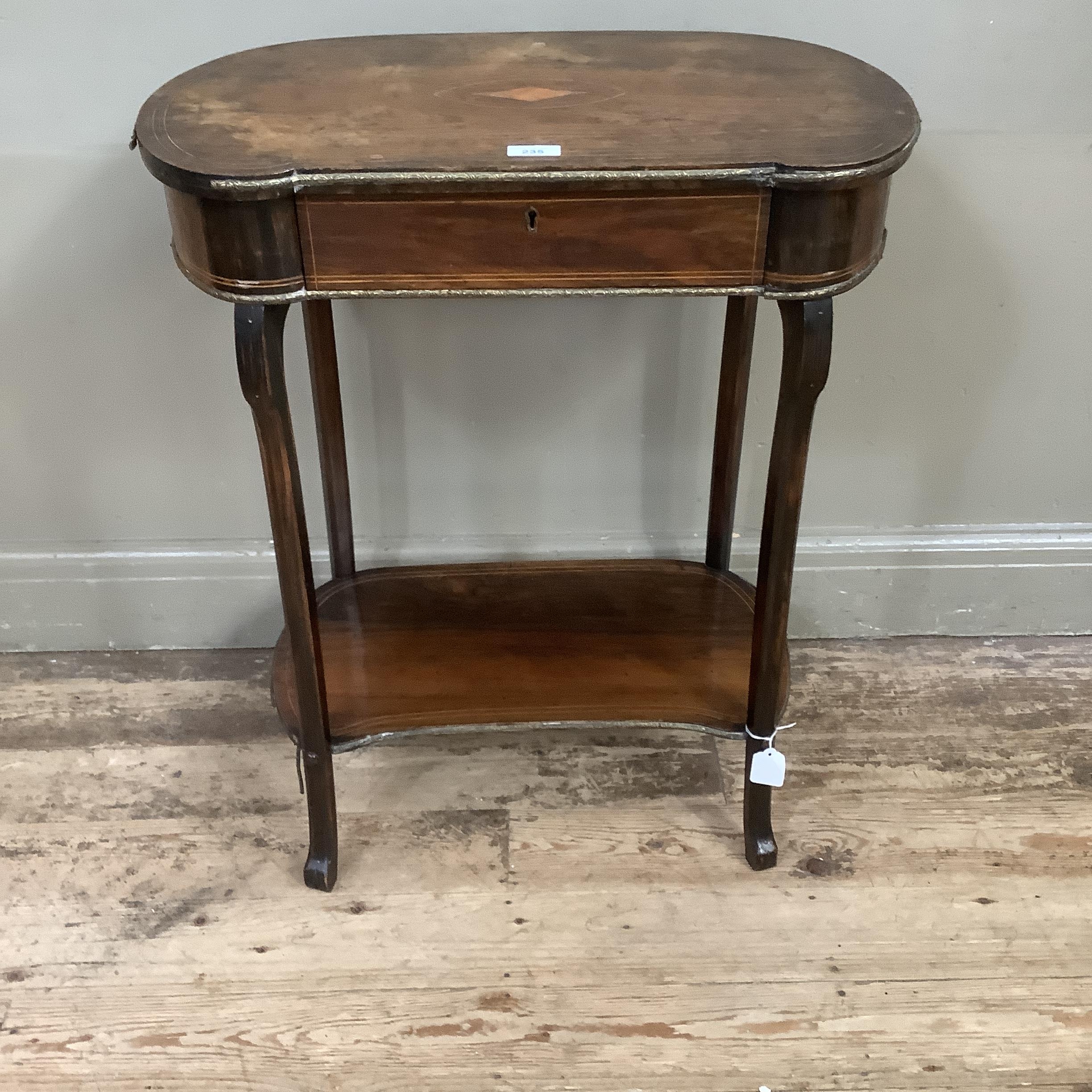 A 19th century rosewood kidney shaped table inlaid with boxwood stringing having a drawer to the