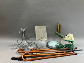 Two light fittings, mirrored tray, toilet mirror, collection of walking sticks etc