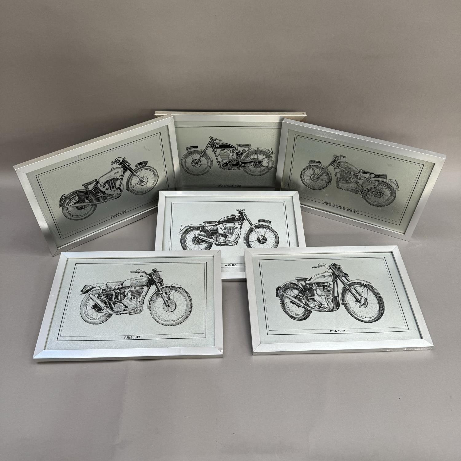 A set of six studies of British motorcycles, etched on a silvered surface including Royal Enfield