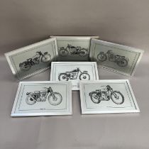 A set of six studies of British motorcycles, etched on a silvered surface including Royal Enfield