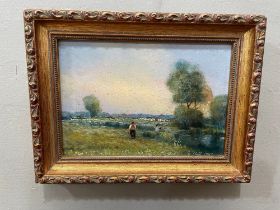 Geoffrey Flatt, evening sky at Shotford, figures in a river landscape, oil on board, signed and