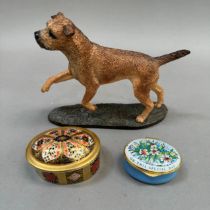 A Border Fine Arts Border Terrier, 13cm high together with a Royal Crown Derby Old Imari trinket box