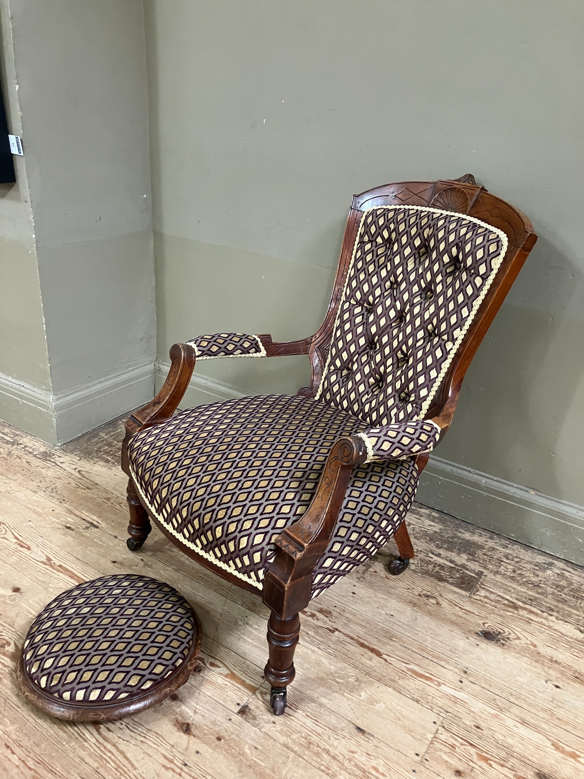 A late Victorian open armchair having an encircling frame with shell cresting, button upholstered - Image 2 of 2