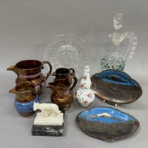 Four Victorian copper lustre jugs, two coppered and enamel dishes cast with a scene of The Bank of