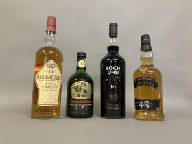 MIXED LOT MALT WHISKIES. 4 Bottles AUCHENTOSHAN Lowland Malt Whisky 10 Years old Triple Distilled
