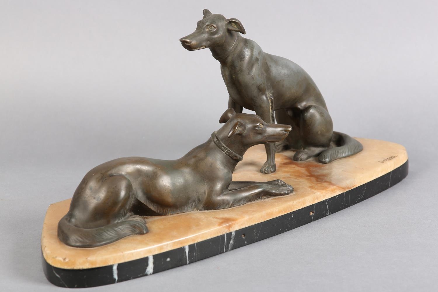 AFTER DELORE AN ART DECO SPELTER FIGURE GROUP, of a pair of lurchers seated and recumbent on a - Image 4 of 7