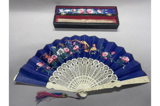 A Mid-19th century Chinese Mandarin fan, Qing Dynasty, the monture of carved bone, the double- - Image 2 of 10