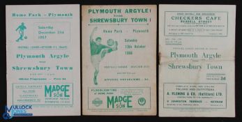 Shrewsbury Town aways at Plymouth Argyle 1951/52 1956/57, 1957/58; fair. (3)