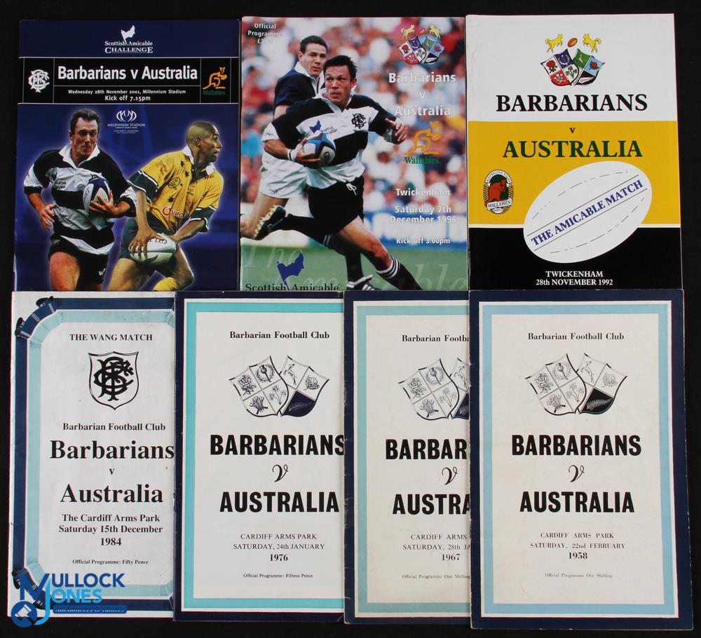 Barbarians v Australia Rugby Programmes (7): 1958, 1967, 1976, 1984, 1992, 1996 & 2001. Lovely! Very