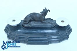 Italian spelter Desk Inkwell of a detailed dog figure with original ink pots 40 x 17cm (please