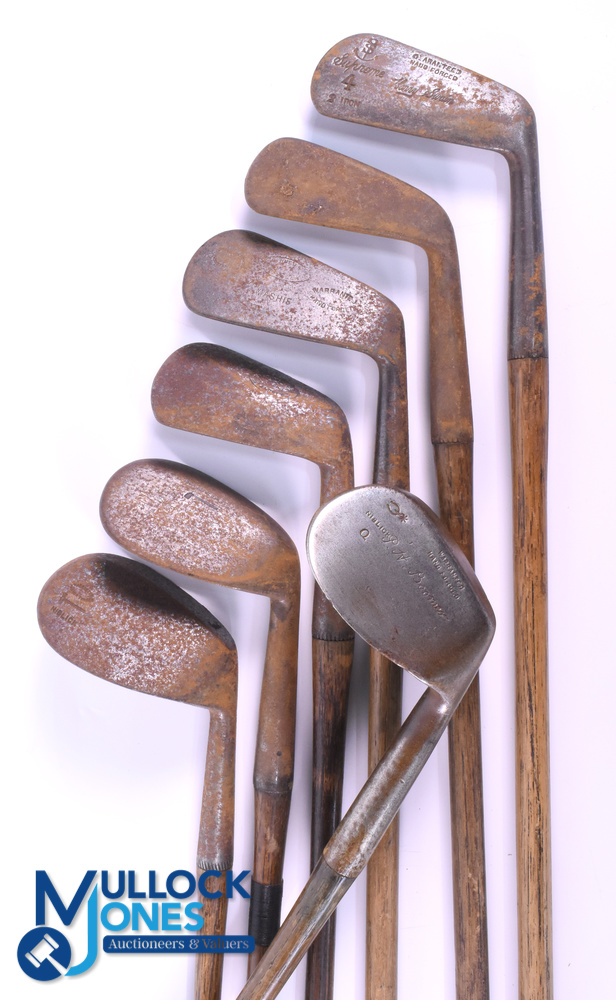 7x Assorted irons - incl' PH Boomer round head niblick showing the spur mark, Spalding Hammer