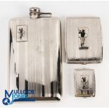 Group of 3x Golfing Related Chrome Plated Items - including large hipflask, cigarette case and small