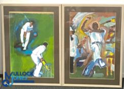 Pair of Crist Original Abstract Paintings Jo Brown-Paul - 'Cricketers 1' and 'Cricketers 2', a
