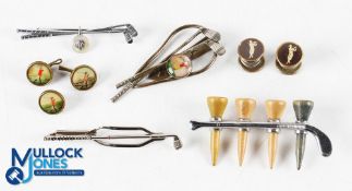 Period Golf Cufflinks, buttons, badge and brooch, all base metal, a good collection of 3 small