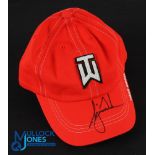 Tiger Woods "TW" Heavy Logo Signed Red Nike Golf Cap - signed to the peak with embroidered white