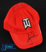 Tiger Woods "TW" Heavy Logo Signed Red Nike Golf Cap - signed to the peak with embroidered white