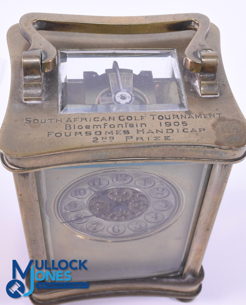 1905 Golf Tournament Presentation French Brass and Glass Carriage Clock - engraved on the top "South - Image 3 of 4