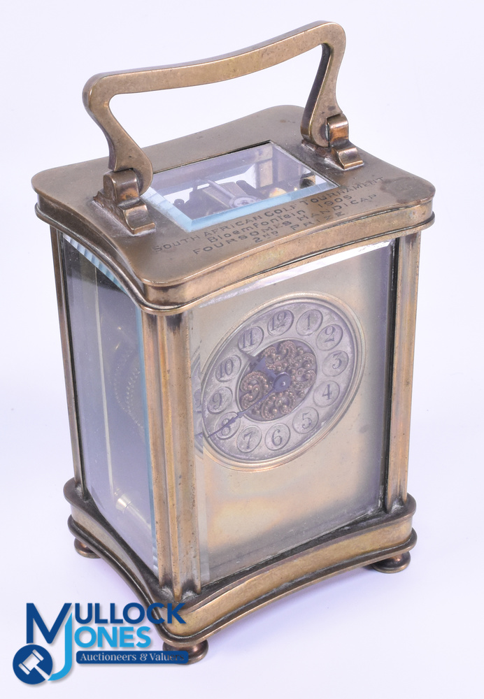 1905 Golf Tournament Presentation French Brass and Glass Carriage Clock - engraved on the top "South - Image 4 of 4