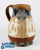 Fine Large Doulton Lambeth stoneware golfing pitcher jug, two tone pitcher is decorated with 3x