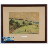 "Addington Golf Course - 18th Hole with 3x players in the foreground" original signed watercolour