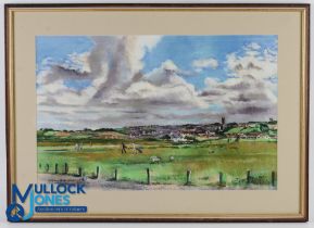 "Westward Ho! Golfers & Sheep" original and large watercolour signed and dated Margaret Peters