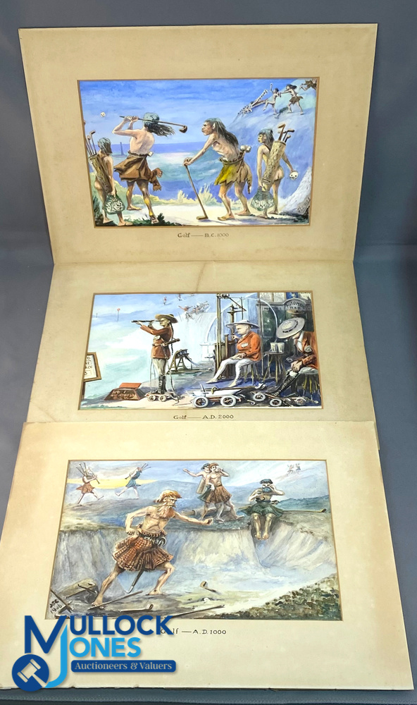 c1906 Three Cartoon Humours Golf Past and future Watercolours, Golf BC 1000-playing gold with skulls