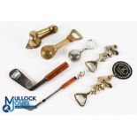 Golf Brass & Metal Collectables, bottle openers, door knocker, corkscrew (7)