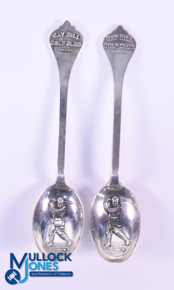 Fine Pair of 1920s Matching Gay Hill Golf Club Silver Embossed Bowl Teaspoons - both bowls