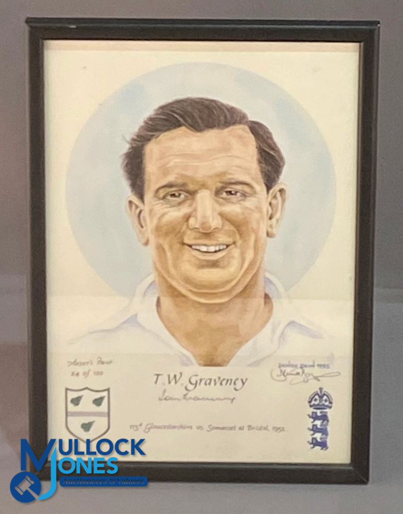 T W Graveney English Cricketer: signed ltd ed Artist Proof Portrait by Denise Dean No.24/100 -