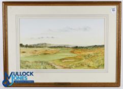 Bill Waugh - Muirfield Golf Links original watercolour with golfers in the distance playing to the
