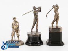 3x Various Golf Player Trophies - 2x mounted in black bases - all with their golf clubs intact -