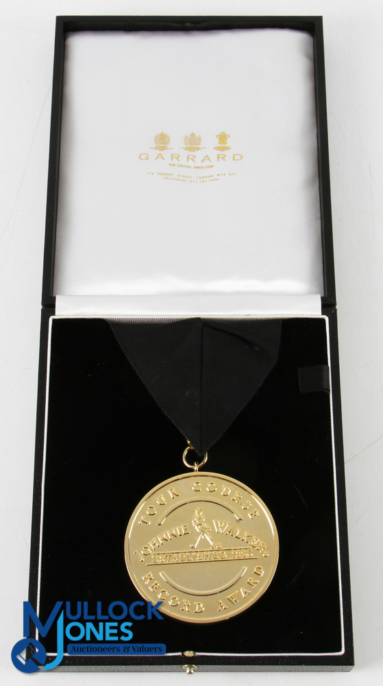 Johnnie Walker Golf Tour Course Record Award Gilt Medal - largen gilt medal c/w black ribbon c1991