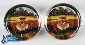2x 2003 Walton Heath Golf Club Centenary Glass Desk Paperweights - with colour view of the Course