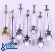 Collection of Fine Period Golfing Figure Silver Teaspoons (7) to incl a Harry Vardon style figure