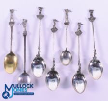 Collection of Fine Period Golfing Figure Silver Teaspoons (7) to incl a Harry Vardon style figure