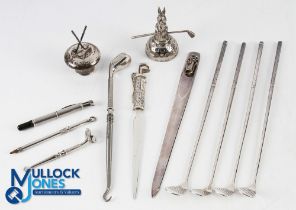 Mixed Selection of Silver Golfing Items - including 4x Alvin stirrers, marked Alvin, letter opener