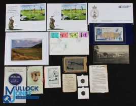 Golf Themed Stamps Cards - Irish First Day Cover, Bank of Scotland Banknote, a selection of period