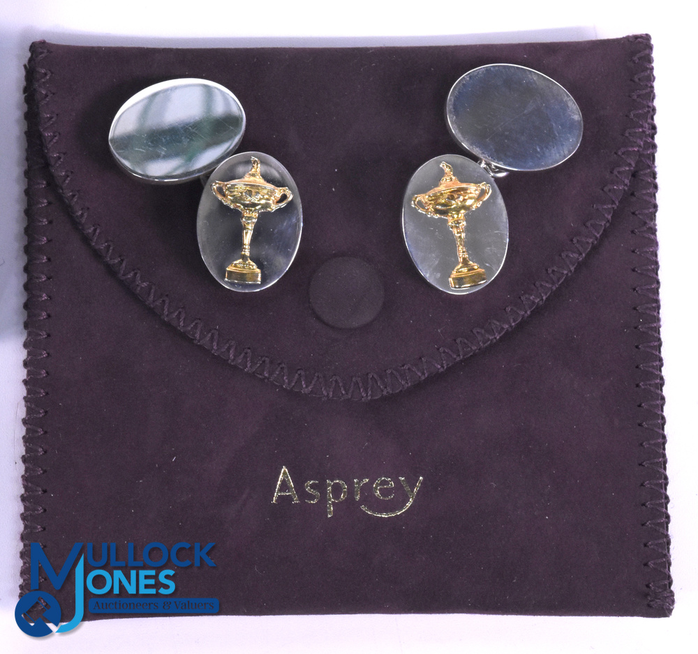 2001 Asprey London Pair of Silver Hallmarked Ryder Cup Golf Cufflinks, with Ryder Cup in gilt