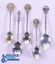 Collection of Embossed Lady Golfing Figure Silver Teaspoons (5) one engraved on the back 'R G & C C'